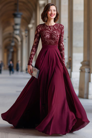 Cabernet Mousseline Une Ligne Manches Longues Mère De La Mariée Robe Avec Dentelle